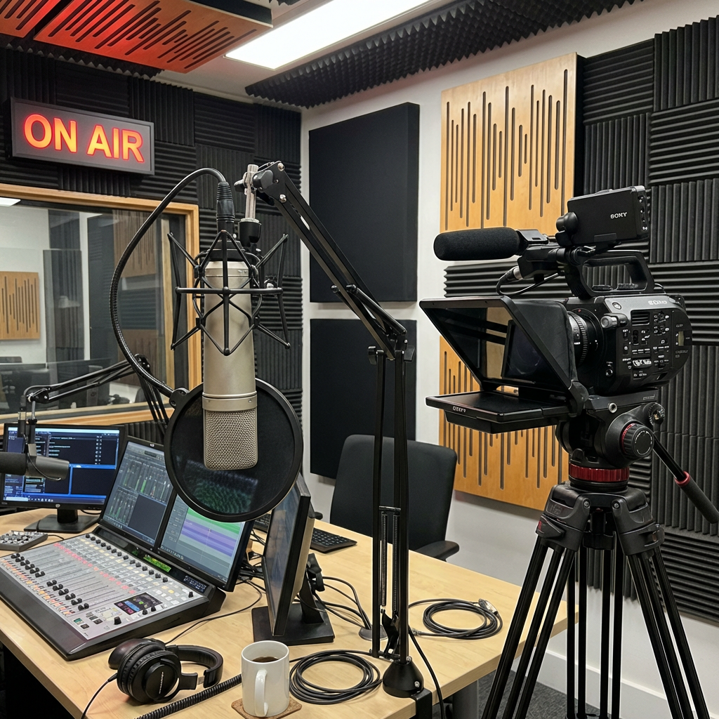 Podcast studio with microphone, video camera on tripod, mixing console, and headphones