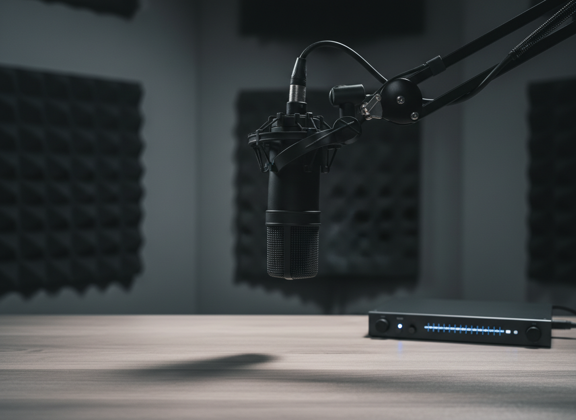 A polished black broadcast microphone suspended from a matte graphite boom arm, hovering above a minimalist ash-wood desk in a sound-treated studio. Behind it, acoustical foam panels in subtle charcoal and slate geometric patterns line the walls, slightly blurred. Soft, directional studio lighting from above and behind creates a delicate rim light along the microphone’s metallic grille, highlighting its texture while casting a gentle shadow on the desk. A slim LED audio interface with glowing level indicators sits nearby. Captured in close-up with a shallow depth of field and centered composition, the scene feels intimate yet professional, conveying the craft of audio storytelling and culture-shaping dialogue in clean, photographic realism.