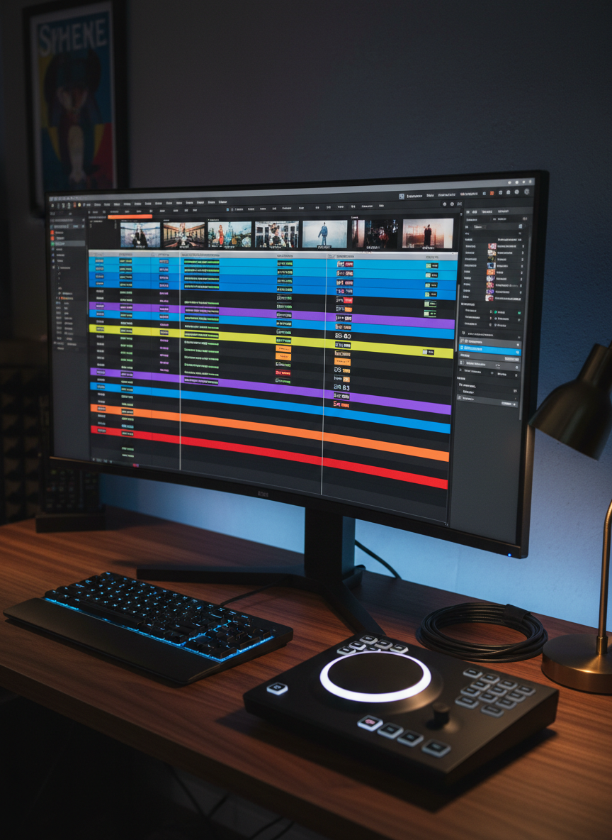 A close-up of a professional video editing timeline displayed on an ultra-wide monitor, showing colorful layered tracks of audio, video, and graphics forming a complex sequence. The workspace around the monitor includes a low-profile backlit keyboard, a smooth black control surface with glowing jog wheel, and neatly coiled cables, all resting on a dark walnut desk. Subtle blue accent lighting from an LED strip behind the monitor creates a halo on the wall, while a single desk lamp adds warm contrast. Photographed from a slightly elevated three-quarter angle, the screen content is sharp while the surrounding studio softly blurs. The mood is focused and creative, emphasizing the craftsmanship of shaping stories that move culture, in crisp, cinematic photographic realism.