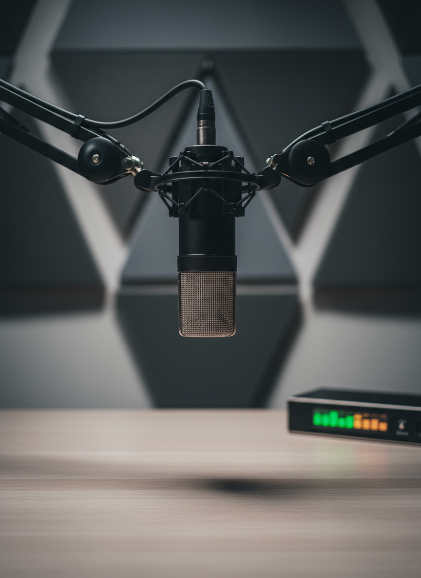 A polished black broadcast microphone suspended from a matte graphite boom arm, hovering above a minimalist ash-wood desk in a sound-treated studio. Behind it, acoustical foam panels in subtle charcoal and slate geometric patterns line the walls, slightly blurred. Soft, directional studio lighting from above and behind creates a delicate rim light along the microphone’s metallic grille, highlighting its texture while casting a gentle shadow on the desk. A slim LED audio interface with glowing level indicators sits nearby. Captured in close-up with a shallow depth of field and centered composition, the scene feels intimate yet professional, conveying the craft of audio storytelling and culture-shaping dialogue in clean, photographic realism.